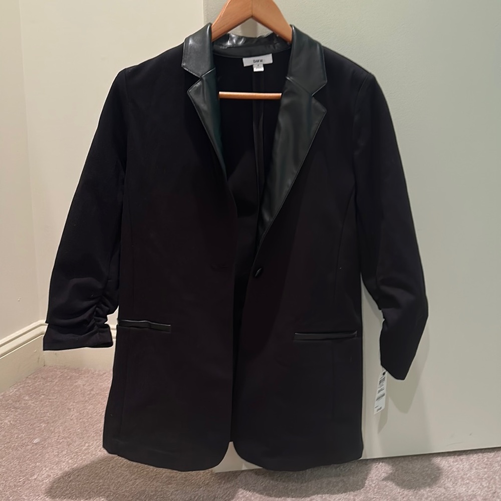 Long black blazer with leather trim